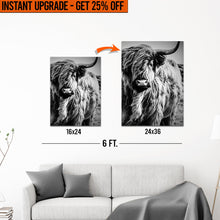 Load image into Gallery viewer, Upgrade Your 24x16 Inches 'Black And White Highland Cow Portrait' Canvas To 36x24 Inches
