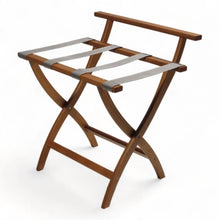 Load image into Gallery viewer, High Back Solid Wood Folding Luggage Rack with Grey Straps in Brown Finish