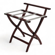 Load image into Gallery viewer, Solid Wood High Back Folding Luggage Rack with Grey Straps in Dark Brown Finish