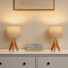 Load image into Gallery viewer, Set of 2 - Solid Wood Tripod Table Lamp with Beige Linen Drum Shade