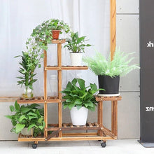 Load image into Gallery viewer, 6-Shelf Portable Wooden Flower Pot Plant Stand with Locking Wheels