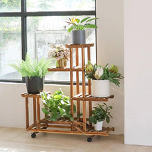 Load image into Gallery viewer, 6-Shelf Portable Wooden Flower Pot Plant Stand with Locking Wheels