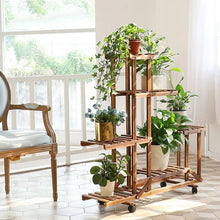 Load image into Gallery viewer, 6-Shelf Portable Wooden Flower Pot Plant Stand with Locking Wheels