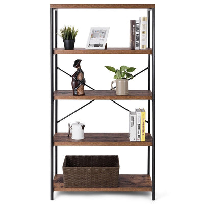 Industrial Metal Wood 5-Tier Bookcase Storage Rack Book Shelf