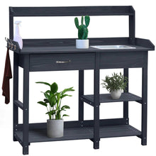 Load image into Gallery viewer, Grey Wood Outdoor Garden Potting Bench Storage Shelf with Removeable Sink