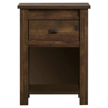 Load image into Gallery viewer, Farmhouse 1-Drawer Bedroom Nightstand with Open Shelf in Rustic Pine Finish