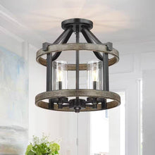 Load image into Gallery viewer, Round 4-Light 12.5-inch Metal Wood Farmhouse Ceiling Lamp - Semi-Flush Mount