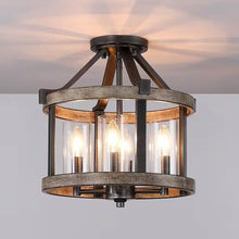 Load image into Gallery viewer, Round 4-Light 12.5-inch Metal Wood Farmhouse Ceiling Lamp - Semi-Flush Mount