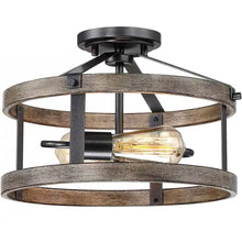 Load image into Gallery viewer, Round 13-inch Metal Wood Farmhouse 2-Light Ceiling Lamp - Semi-Flush Mount