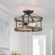 Load image into Gallery viewer, Round 13-inch Metal Wood Farmhouse 2-Light Ceiling Lamp - Semi-Flush Mount