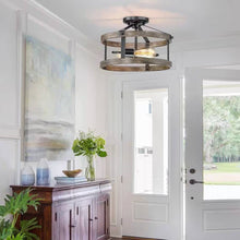 Load image into Gallery viewer, Round 13-inch Metal Wood Farmhouse 2-Light Ceiling Lamp - Semi-Flush Mount