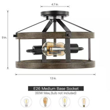 Load image into Gallery viewer, Round 13-inch Metal Wood Farmhouse 2-Light Ceiling Lamp - Semi-Flush Mount