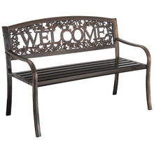 Load image into Gallery viewer, Outdoor Weather Resistant Metal Garden Bench with Welcome Floral Back