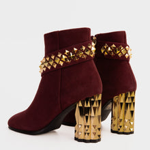 Load image into Gallery viewer, The Metal Burgundy Suede Leather Block Heel Women Boot
