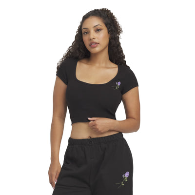 Mills by Millie Bobby Brown Women's Embroidery Ribbed Short Sleeve Crop T-Shirt, Sizes XXS-XXL