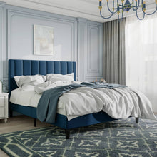 Load image into Gallery viewer, Full size Modern Navy Blue Velvet Upholstered Platform Bed with Headboard