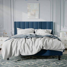 Load image into Gallery viewer, Full size Modern Navy Blue Velvet Upholstered Platform Bed with Headboard