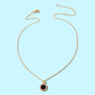 Golden Chain Rhinestone Decor Black Round Pendant Necklace Anniversary Jewelry