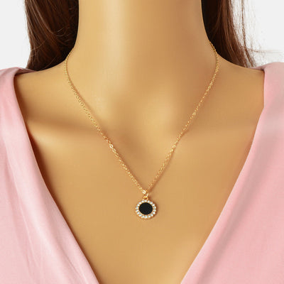 Golden Chain Rhinestone Decor Black Round Pendant Necklace Anniversary Jewelry