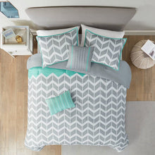 Load image into Gallery viewer, King size Reversible Comforter Set in Grey White Aqua Teal Chevron Stripe