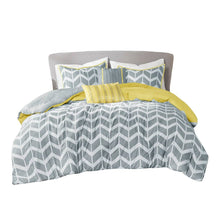 Load image into Gallery viewer, King / Cal King Reversible Comforter Set in Grey White Yellow Chevron Stripe