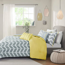 Load image into Gallery viewer, King / Cal King Reversible Comforter Set in Grey White Yellow Chevron Stripe