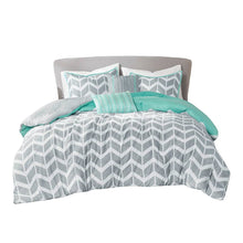 Load image into Gallery viewer, Twin/Twin XL Reversible Comforter Set in Grey White Aqua Teal Chevron Stripe