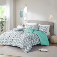 Load image into Gallery viewer, Twin/Twin XL Reversible Comforter Set in Grey White Aqua Teal Chevron Stripe