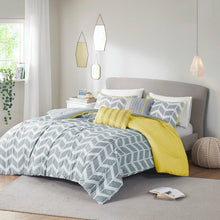 Load image into Gallery viewer, Twin / Twin XL Reversible Comforter Set in Grey White Yellow Chevron Stripe