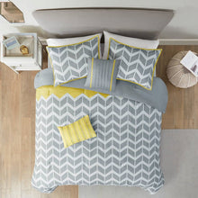 Load image into Gallery viewer, Twin / Twin XL Reversible Comforter Set in Grey White Yellow Chevron Stripe