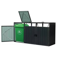 Load image into Gallery viewer, Outdoor Black Galvanized Steel Garbage Bin Storage Shed - Holds 3 Trash Cans