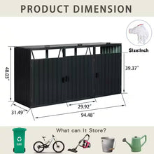 Load image into Gallery viewer, Outdoor Black Galvanized Steel Garbage Bin Storage Shed - Holds 3 Trash Cans