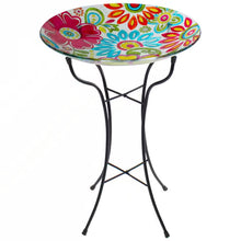 Load image into Gallery viewer, 18-inch Blue Yellow Red Pastel Flowers Painted Glass Outdoor Bird Bath w/ Stand