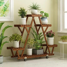 Load image into Gallery viewer, Indoor Outdoor Solid Wood Triangular Multi-Tier Plant Stand with Locking Wheels