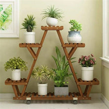 Load image into Gallery viewer, Indoor Outdoor Solid Wood Triangular Multi-Tier Plant Stand with Locking Wheels