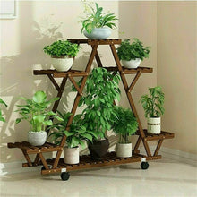 Load image into Gallery viewer, Indoor Outdoor Solid Wood Triangular Multi-Tier Plant Stand with Locking Wheels
