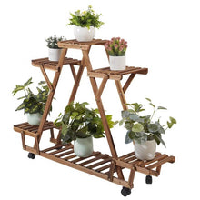 Load image into Gallery viewer, Indoor Outdoor Solid Wood Triangular Multi-Tier Plant Stand with Locking Wheels