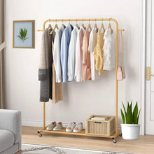 Load image into Gallery viewer, Modern Garment Rack Clothes Hanging Rod with Lockable Wheels in Gold