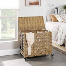 Load image into Gallery viewer, Tan PP Rattan 3-Basket Laundry Hamper Sorter Cart with Removable Cotton Bags