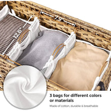 Load image into Gallery viewer, Tan PP Rattan 3-Basket Laundry Hamper Sorter Cart with Removable Cotton Bags