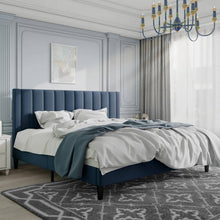 Load image into Gallery viewer, King size Modern Navy Blue Velvet Upholstered Platform Bed with Headboard