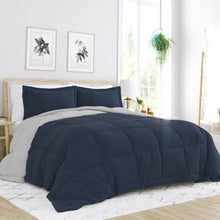 Load image into Gallery viewer, King/Cal King 3-Piece Microfiber Reversible Comforter Set in Navy/Grey