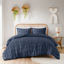 Load image into Gallery viewer, Full/Queen 3 Piece Navy Pompom Microfiber Hypoallergenic Comforter Set