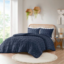 Load image into Gallery viewer, Full/Queen 3 Piece Navy Pompom Microfiber Hypoallergenic Comforter Set