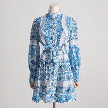 Load image into Gallery viewer, Spring Summer French Stand-up Collar Lace Lace up Waist Controlled Slimming Lantern Sleeves Dress Stitching Short Dress
