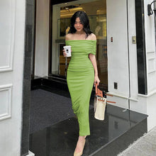 Load image into Gallery viewer, Spring Off Shoulder Pleated Dress Slim Fit Slimming Slit Bottoming Formal Dress