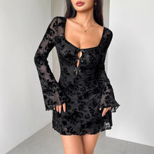 Load image into Gallery viewer, Fall Dress Flocking Long Sleeve Floral Hollow Out Cutout Bow Women Clothing