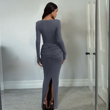 Load image into Gallery viewer, Women Clothing Autumn Winter Slim round Neck Solid Color Fold Split Long Sleeve Elegant Dress for Women