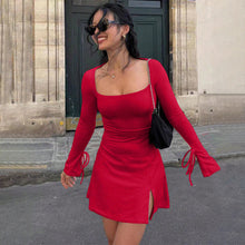 Load image into Gallery viewer, Western Classy Square Collar Red Dress Autumn Winter High Waist All-Matching A line Split for Women