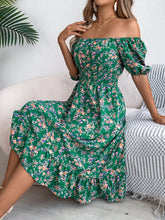 Load image into Gallery viewer, Spring Summer Floral Square Collar Short Sleeve Waist Controlled Ruffled A line Women Clothing